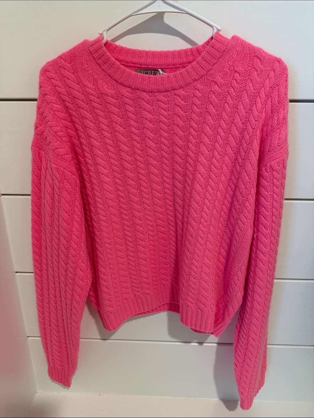 J. Crew Bright Pink Cashmere Cable-Knit Crewneck Sweater